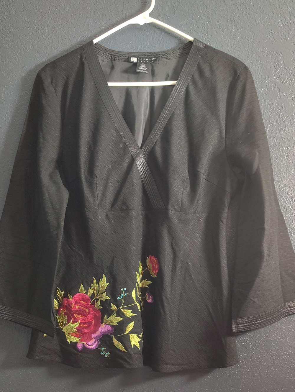 Vintage 90s Carole Little Silk black V-Neck Top with Floral Embroidery Size L